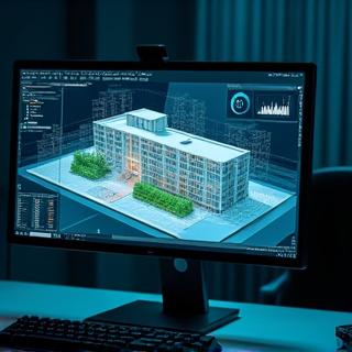 Pantalla de ordenador mostrando una simulación 3D de un edificio