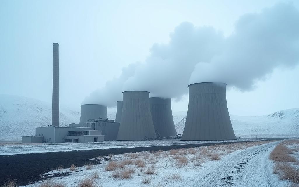 Planta geotérmica Krafla II en Islandia con el vapor saliendo de las torres de refrigeración