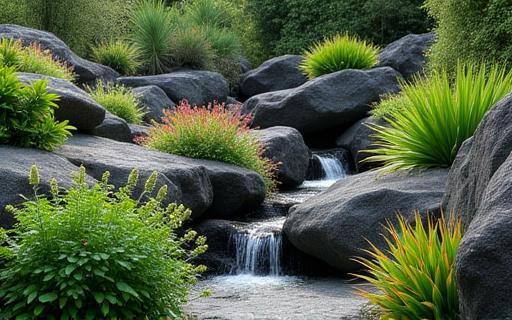 Jardín de rocas volcánicas y flora nativa