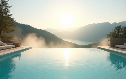 Piscina de un spa termal de lujo con vistas a la montaña